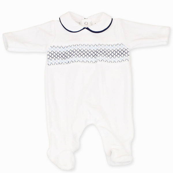 baby boys white and blue smocking velour outfit