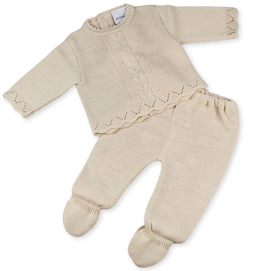 beige two piece knitted outfit