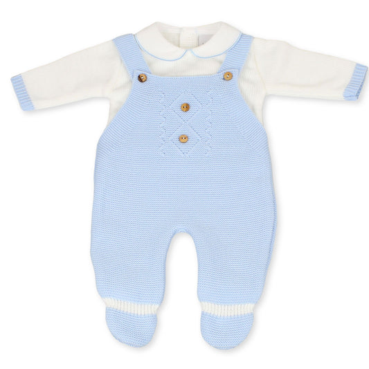 baby boys blue dungarees with shirt knitted