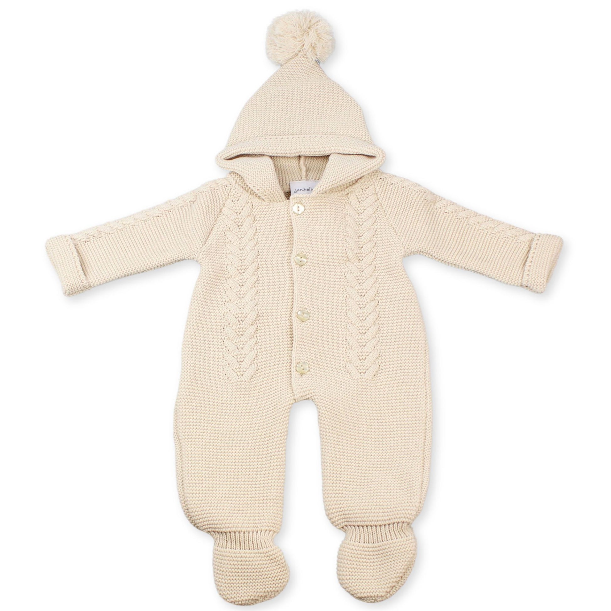 baby beige all in one knitted pram suit