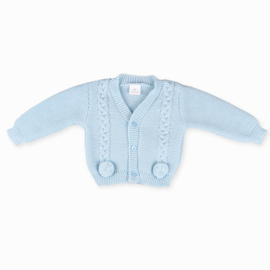 baby boys blue knitted pom pom cardigan