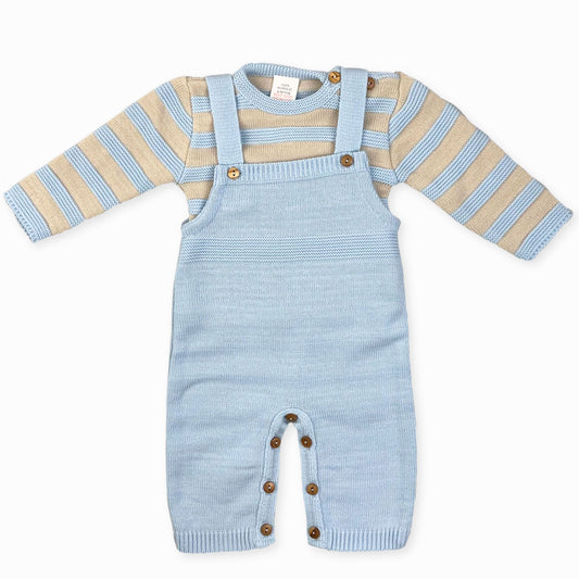 baby boys knitted dungaress set blue and beige