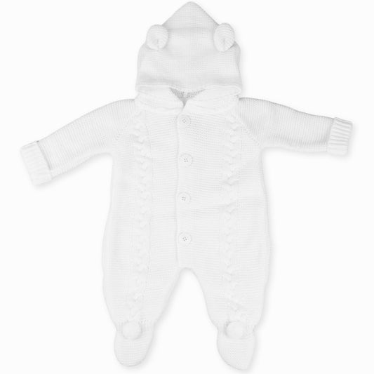 unisex white knitted baby pram suit outfit