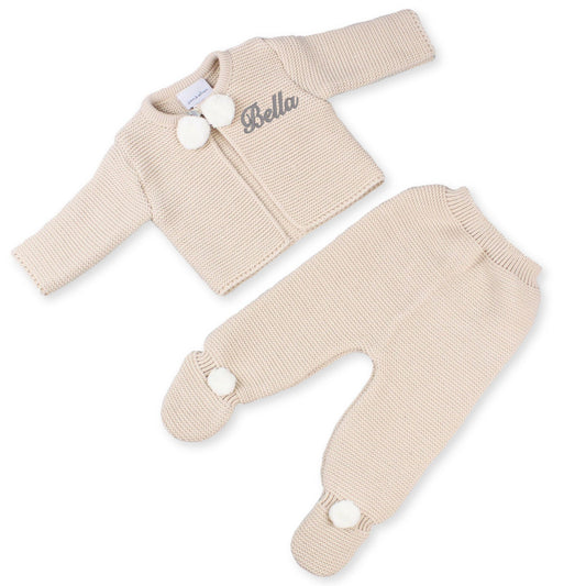 baby unisex beige knitted personalised outfit