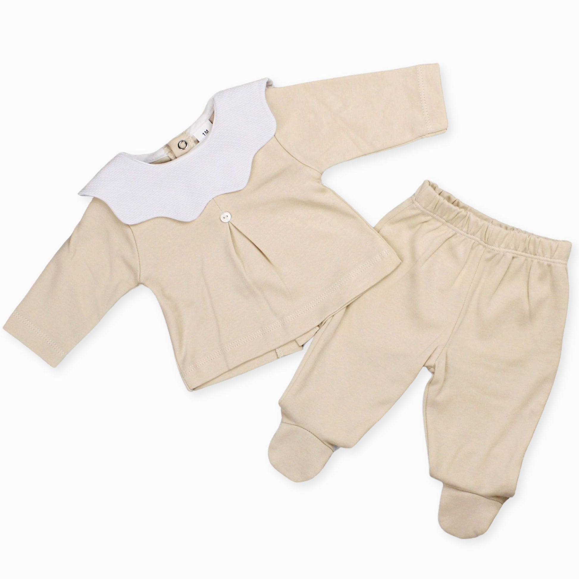 beige cotton two piece outit for baby boys and girls