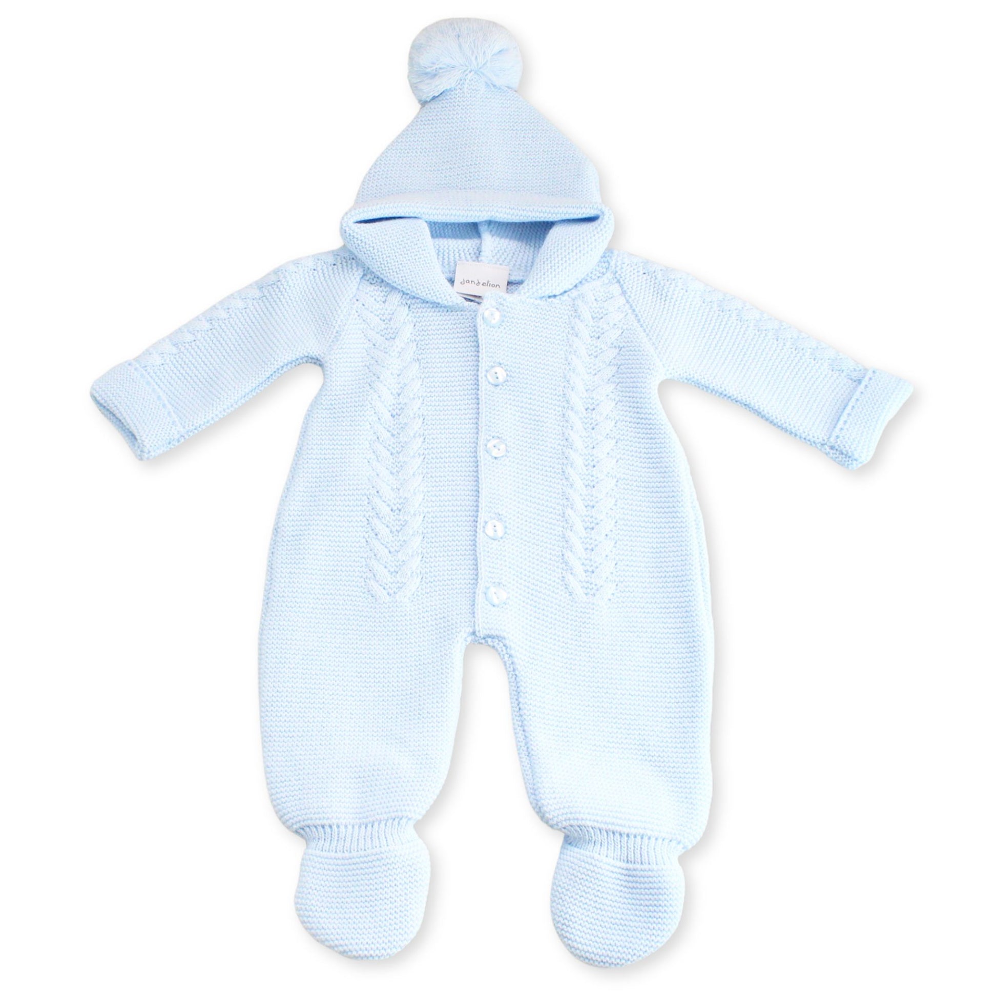 blue all in one baby suit knitted with hood