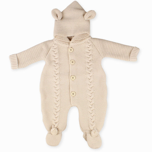 unisex baby knitted pram suit with hood beige
