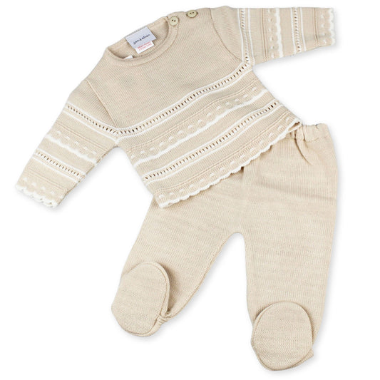 knitted white and biscuit two piece outfit