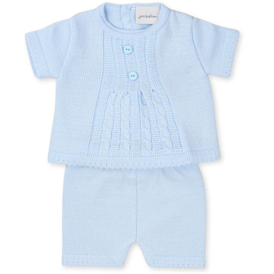 dandelion blue baby two piece shorts and shirt knitted set