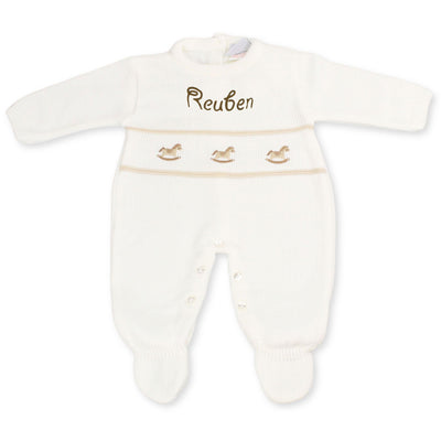 Personalised Baby Unisex White Knitted Baby All In One - Rocking Horse