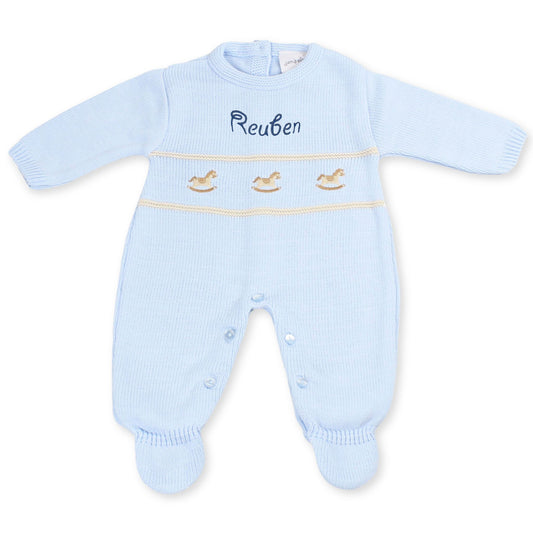 baby boys knitted all in one personalised outfit rocking horse
