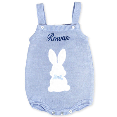 Personalised Baby Boy Blue Knitted Romper with Bunny
