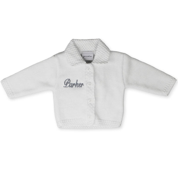 baby unisex white personalised cardigan