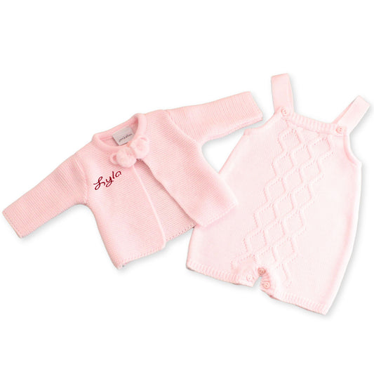 baby girls personalised two piece knitted pink outfit