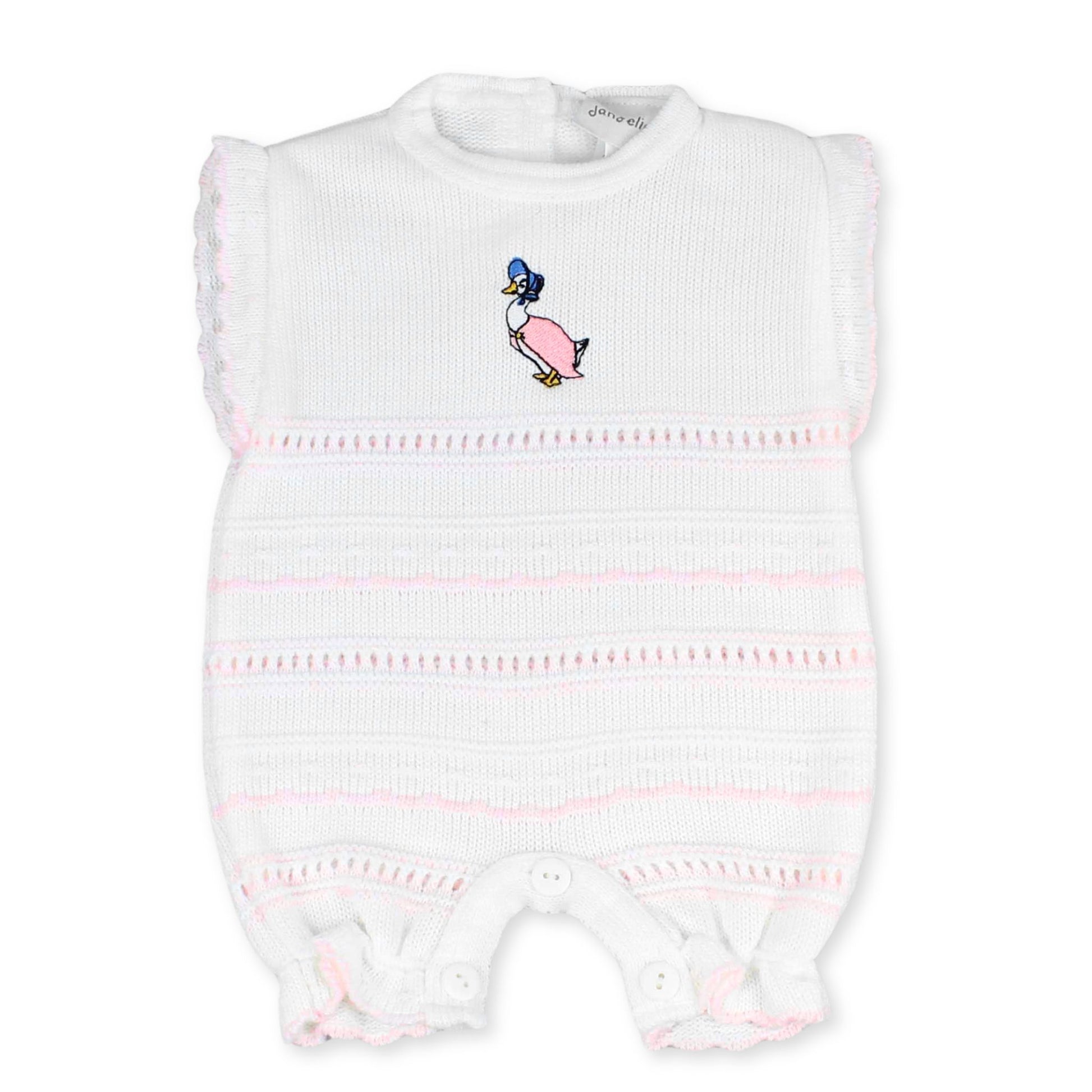 white and pink duck romper