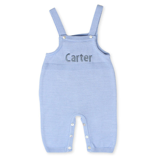 blue knitted personalised dungarees 