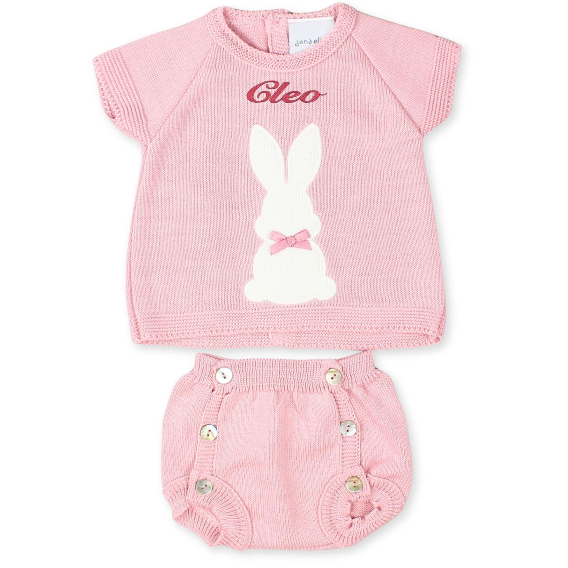 dusky pink personalised knitted bunny dandelion outfit