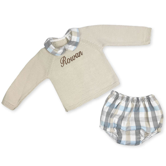 Personalised Baby Boys 2 Piece Outfit- Knitted Top & Jam Pants - Beige