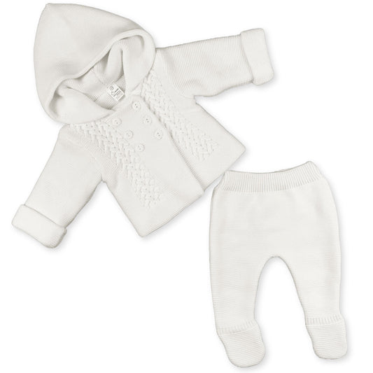baby unisex white hooded outfit with trousers knitted set 