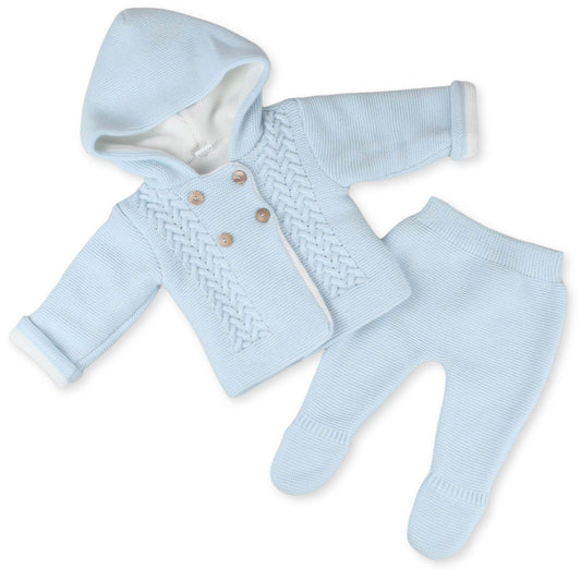 baby boys knitted blue outfit with hoodie and trousers with feet