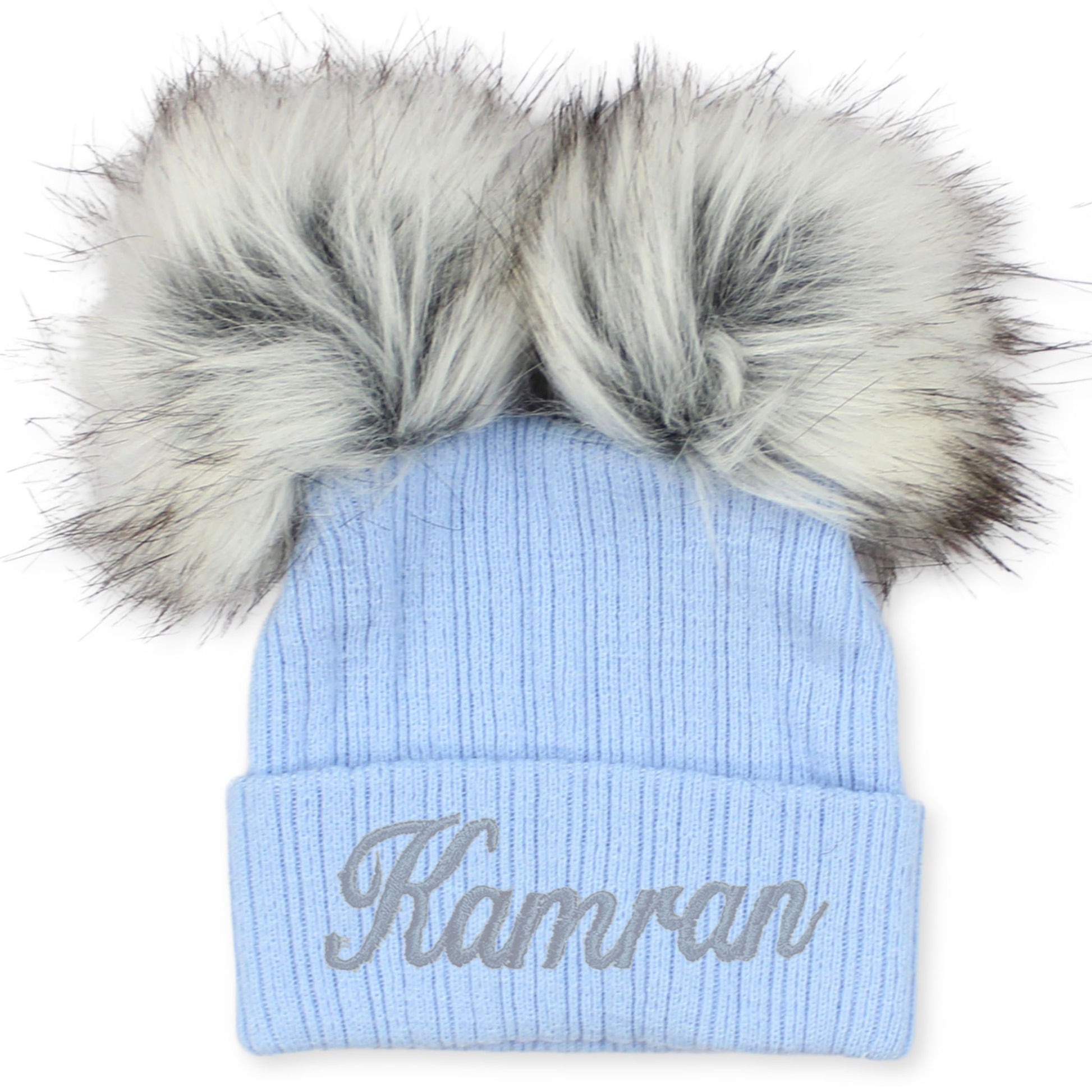 personalised baby hat blue 2 poms