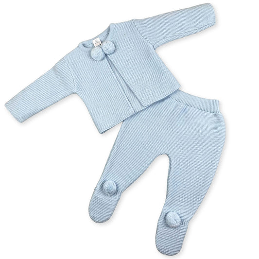 baby knitted blue boys two piece outfit pram suit with pom poms