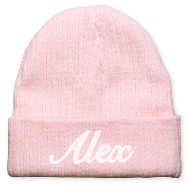 personalised pastel pink beanie hat baby girl