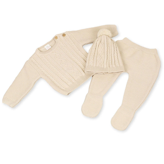 unisex knitted baby outfit in beige winter jumper leggings and hat