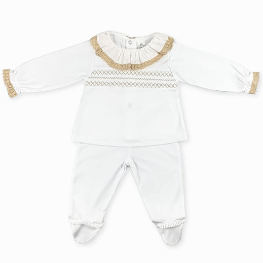 
baby girls cotton two piece white and beige outfit
