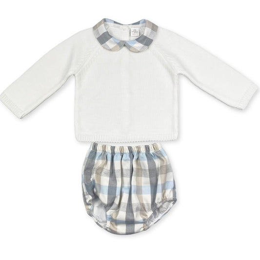 baby boys knitted outfit with checked jam pants and matching collar