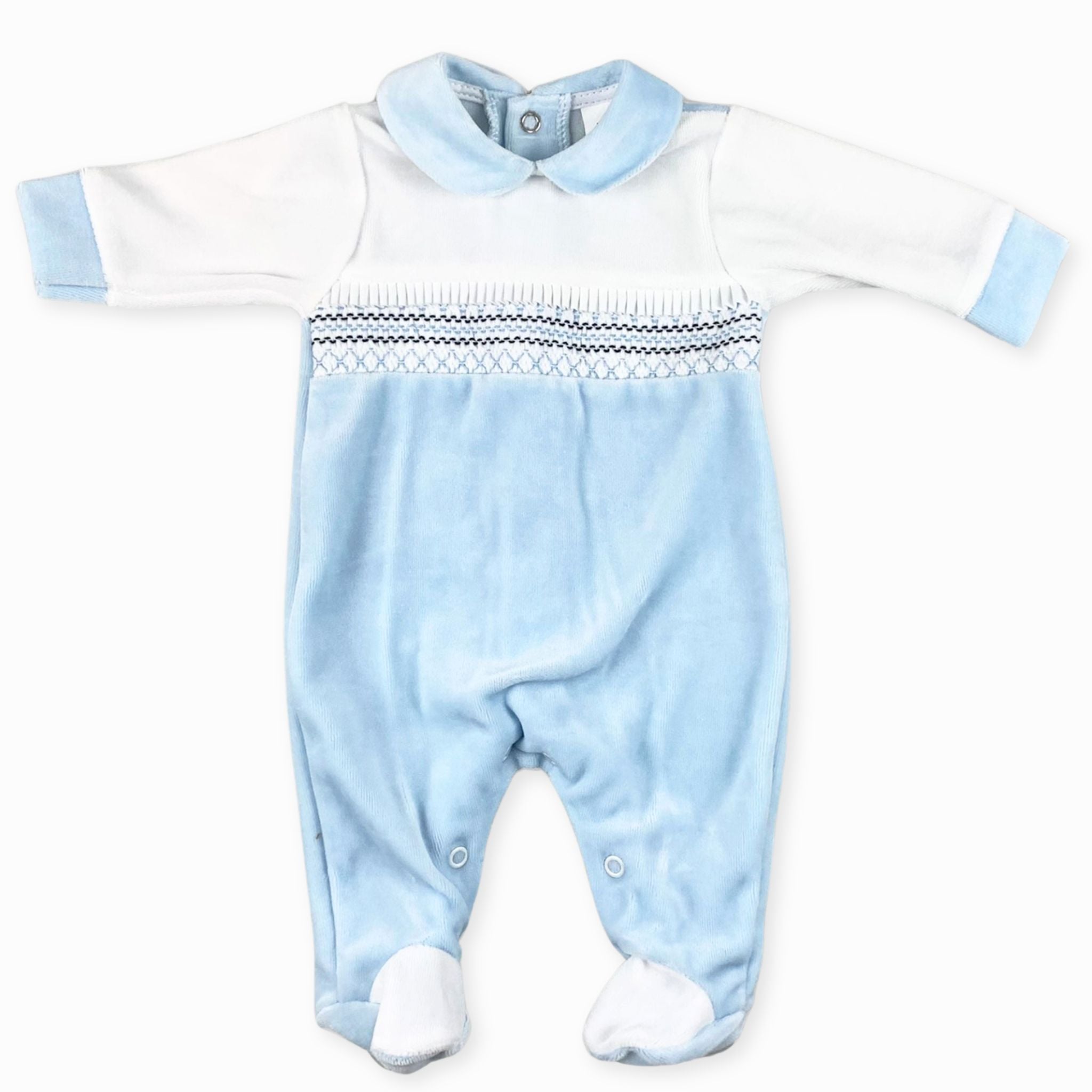 Baby Boys Velour Smocked Sleepsuit with Trim - Blue