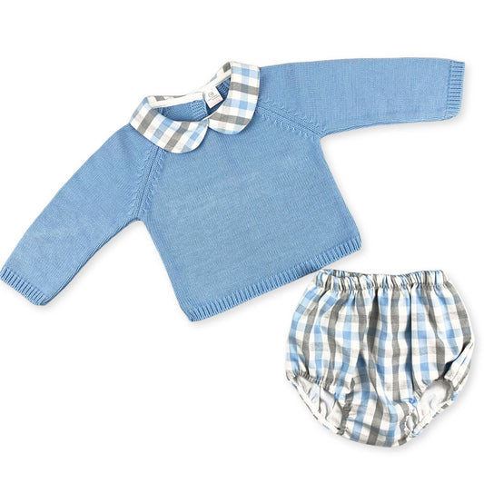 baby boys blue knitted set with checked jam pants and matching collar