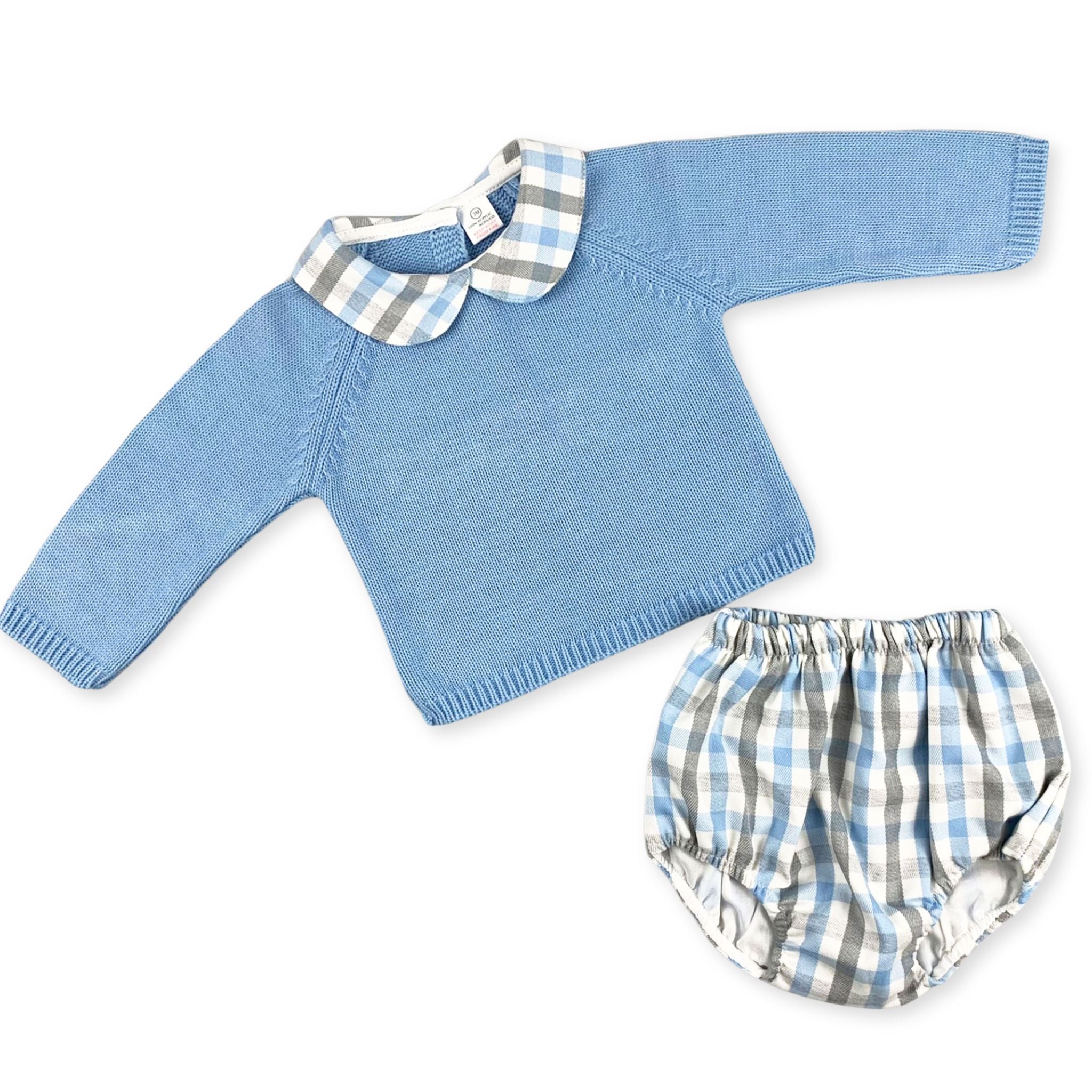 baby boys blue knitted set with checked jam pants and matching collar