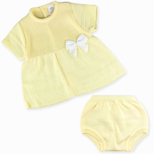 lemon yellow knitted baby dress and knickers