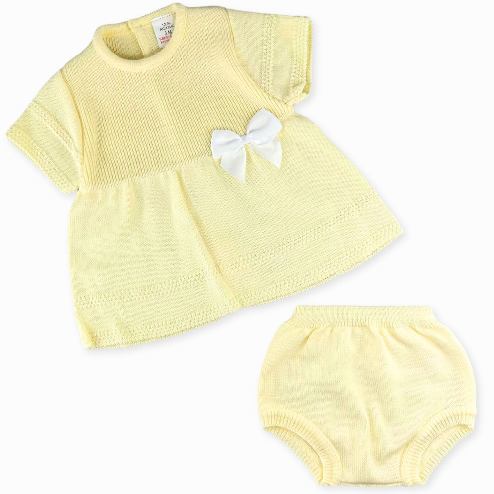 lemon yellow knitted baby dress and knickers