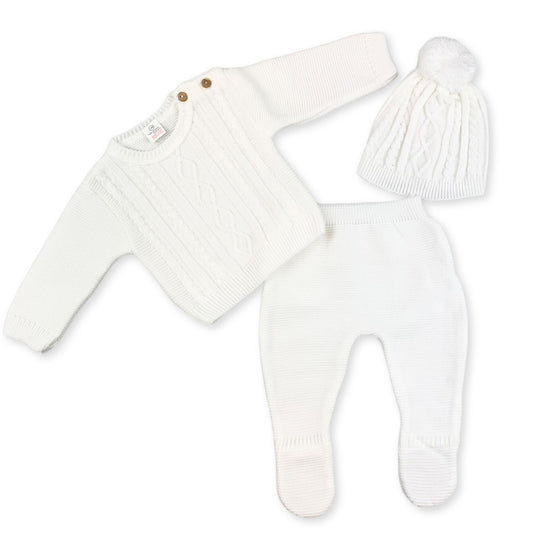 baby unisex knitted three piece outfit white