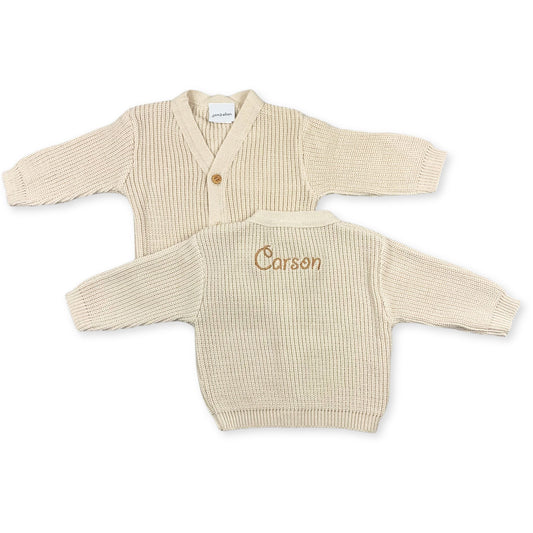 personalised baby cardigan beige with name on back
