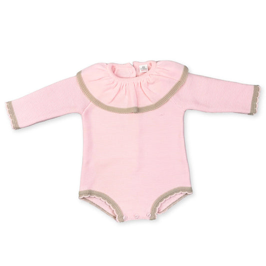 baby girl pink knitted romper with ruff collar