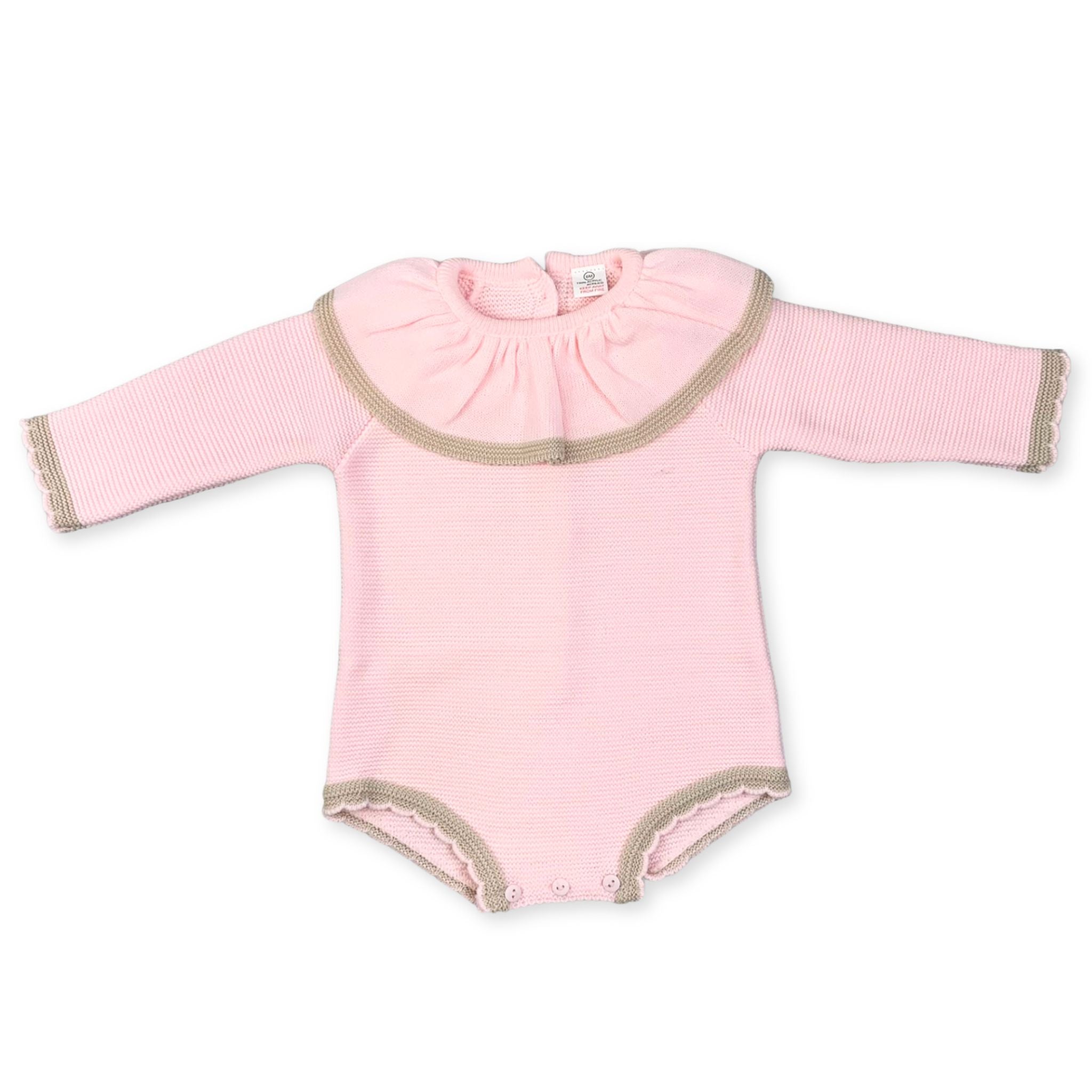 baby girl pink knitted romper with ruff collar