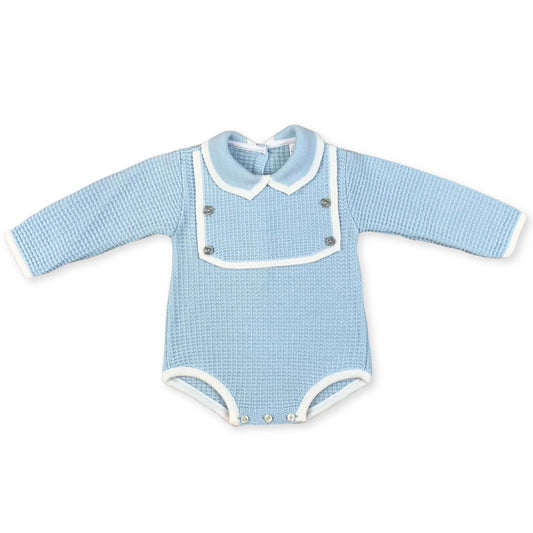 baby boy blue knitted romper with bib