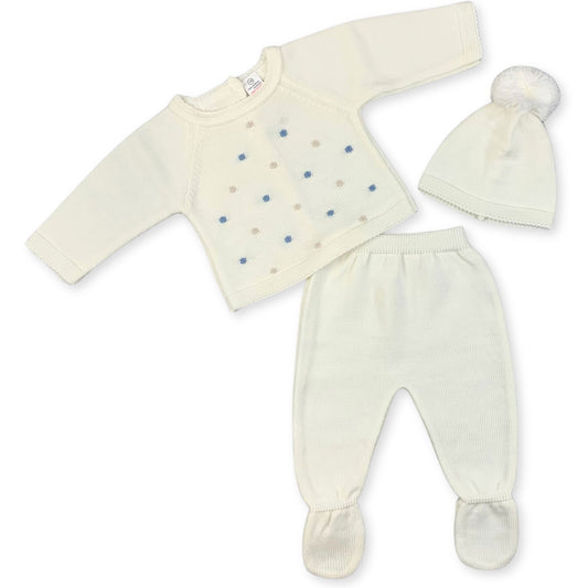 baby boys three piece knitted set white with hat