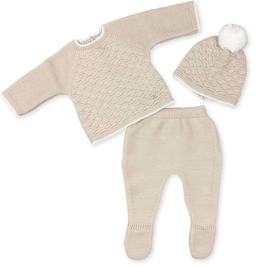 baby boys beige knitted 3 piece outfit with hat