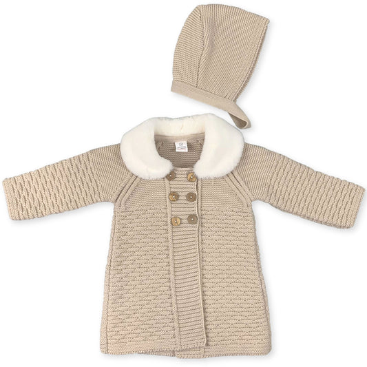 baby girl beige knitted coat with hat and fur collar