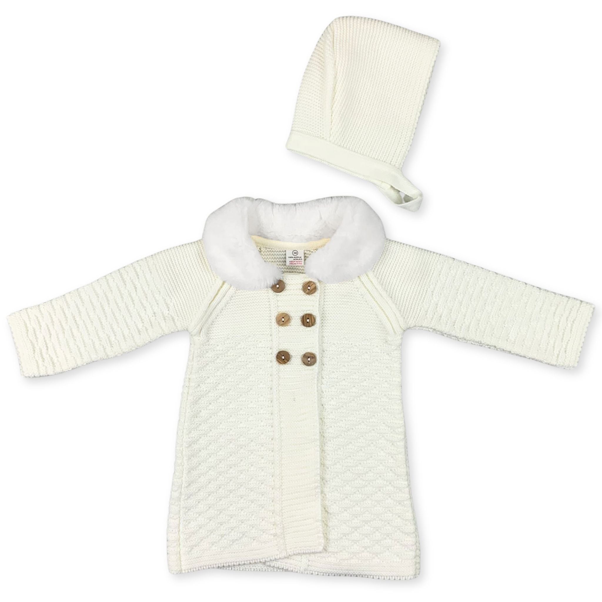 baby girl knitted coat and bonnet cream