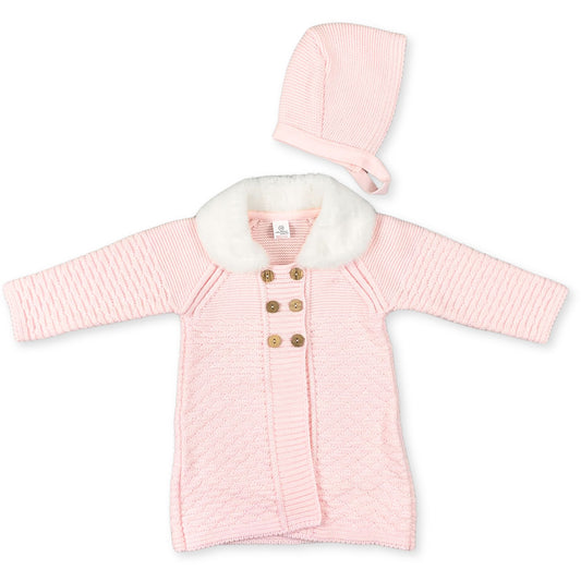 baby girl knitted pink coat and bonnet