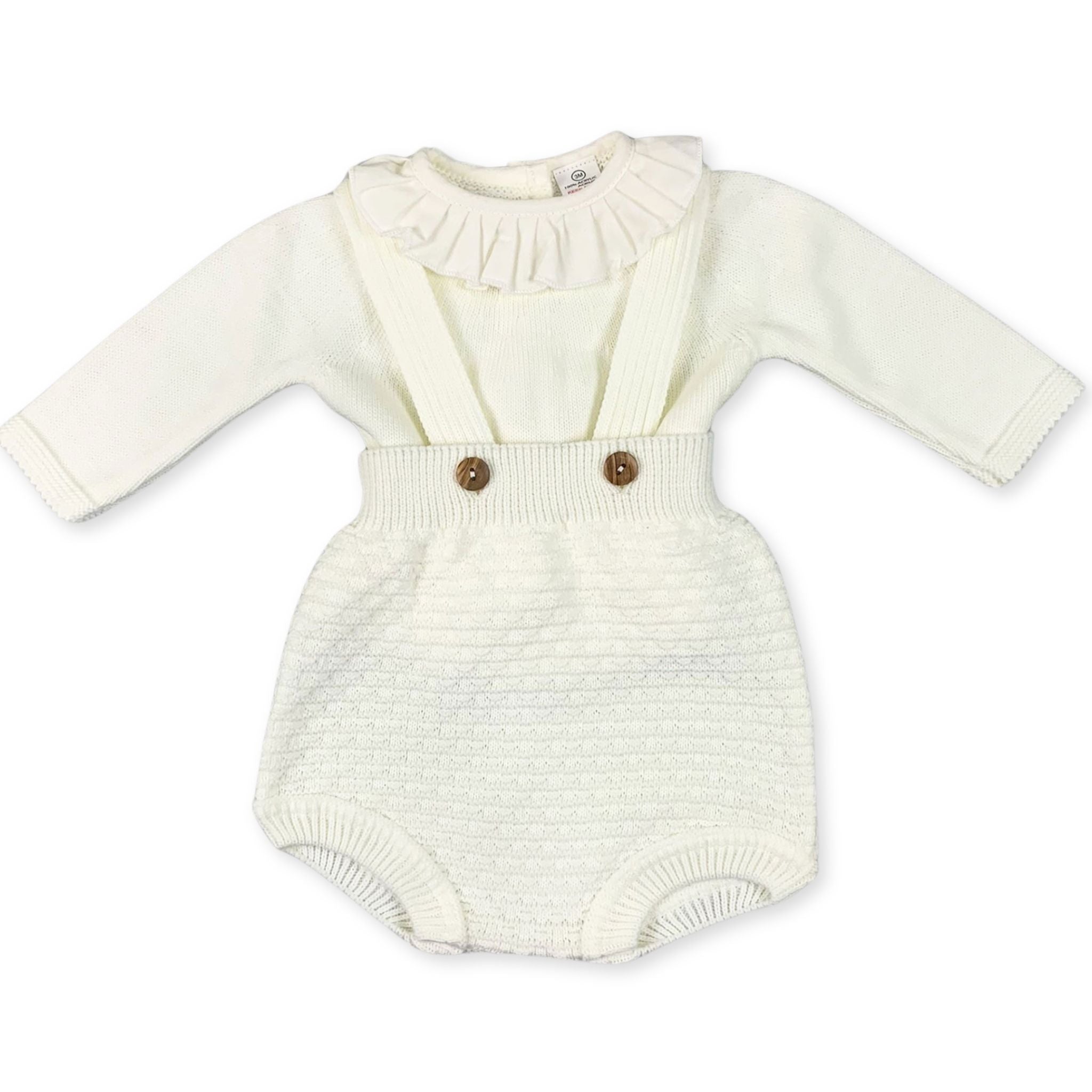 Baby girls cream cotton outfit with ruffle collar and dungarees