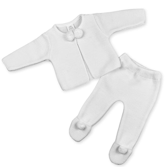 knitted white two piece pom suit iunisex