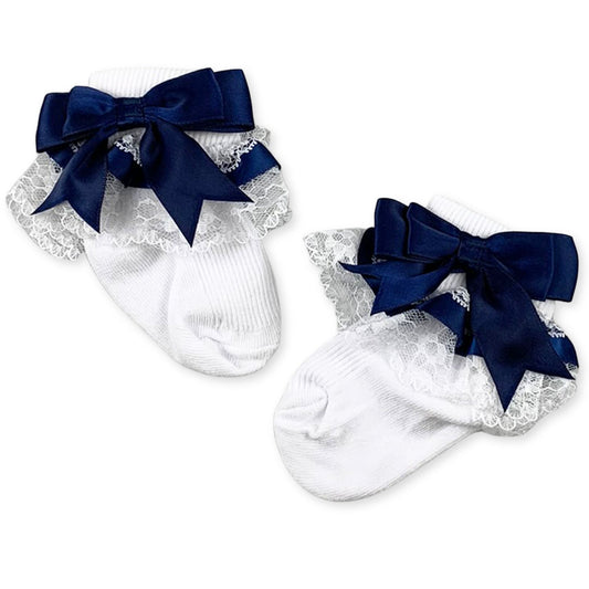 baby girls fancy socks with navy blue bow