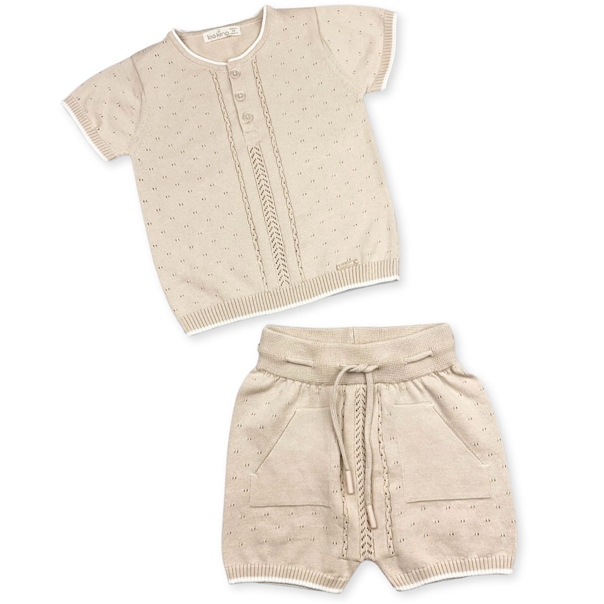 beige baby boys knitted shorts and top by leo king