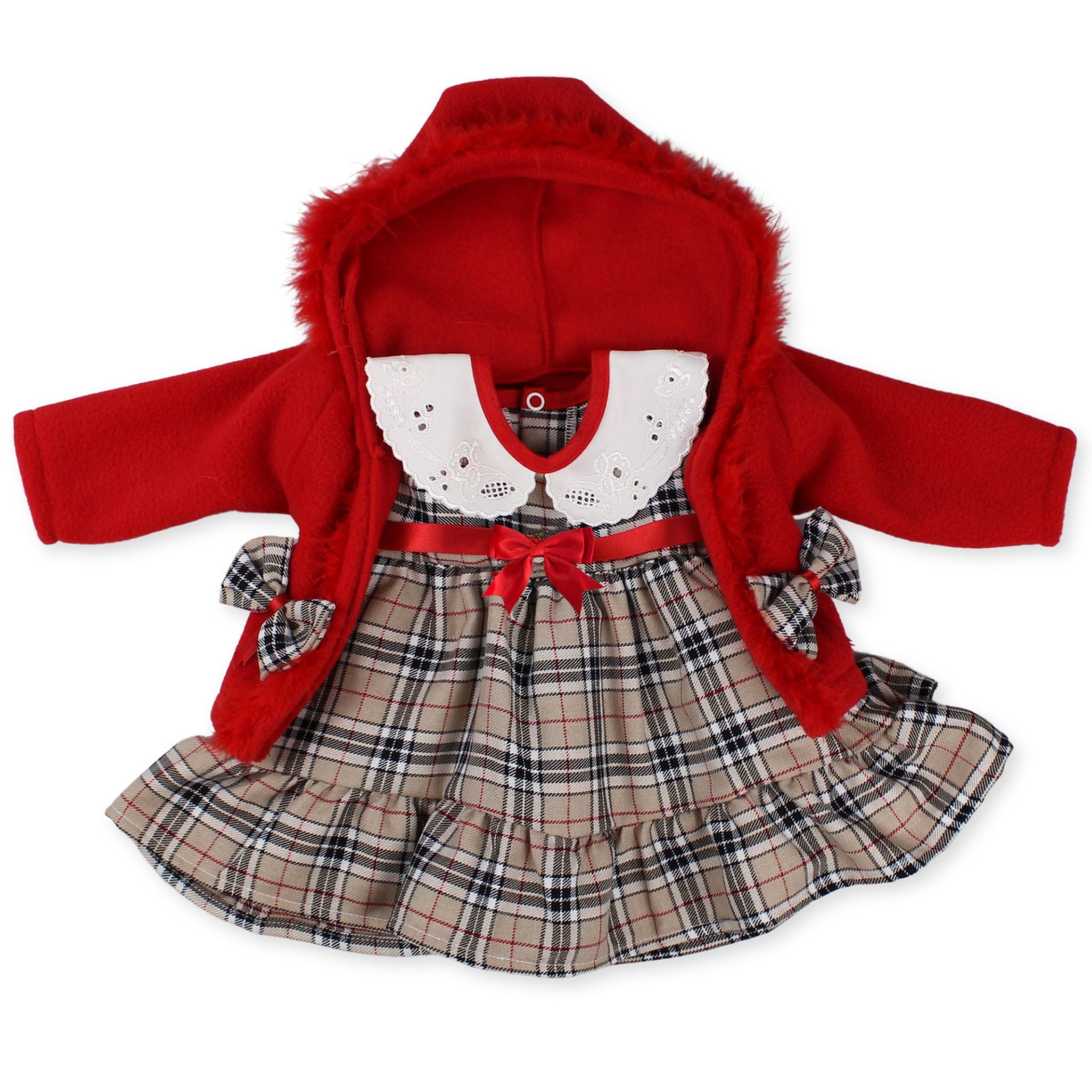 beige tartan dress with red jacket